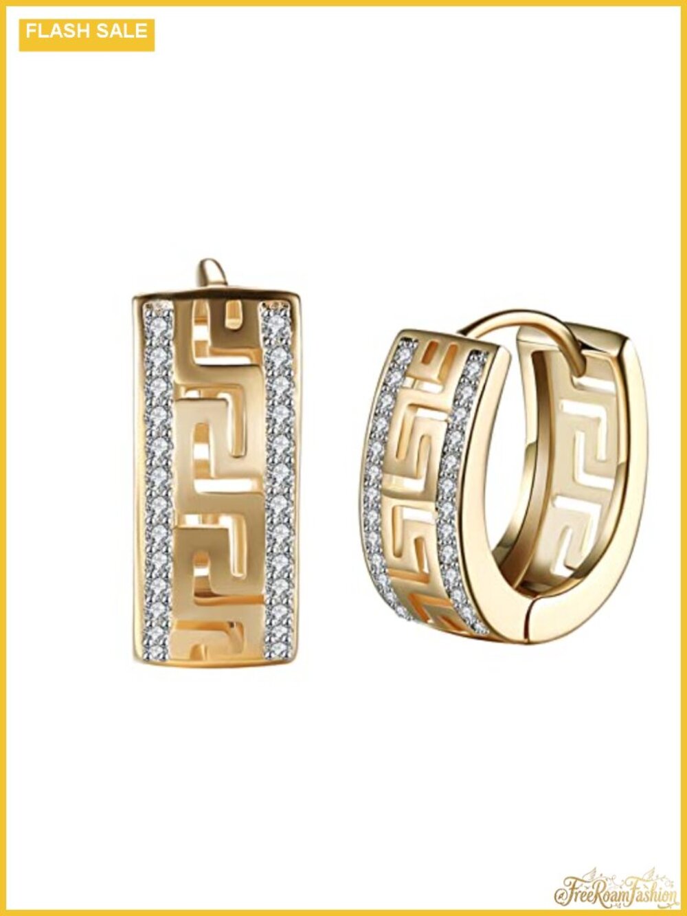 14K Gold Plated Cubic Zirconia Hoop Earrings, Three Row Diamond Huggie Earrings